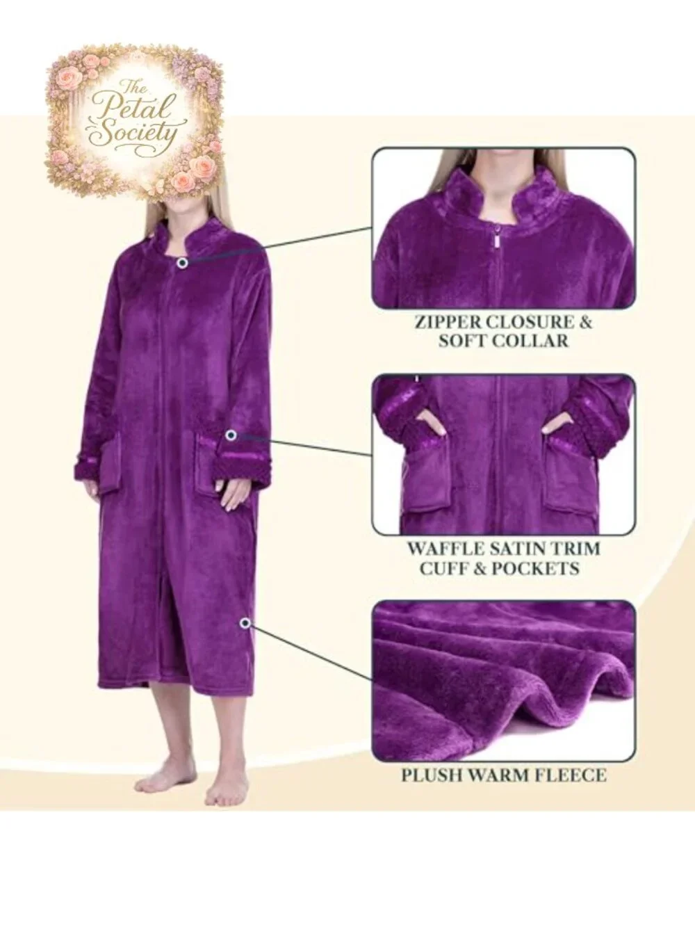 Womens Zip Up Fleece Robe with Pockets Long Housecoat Microfiber